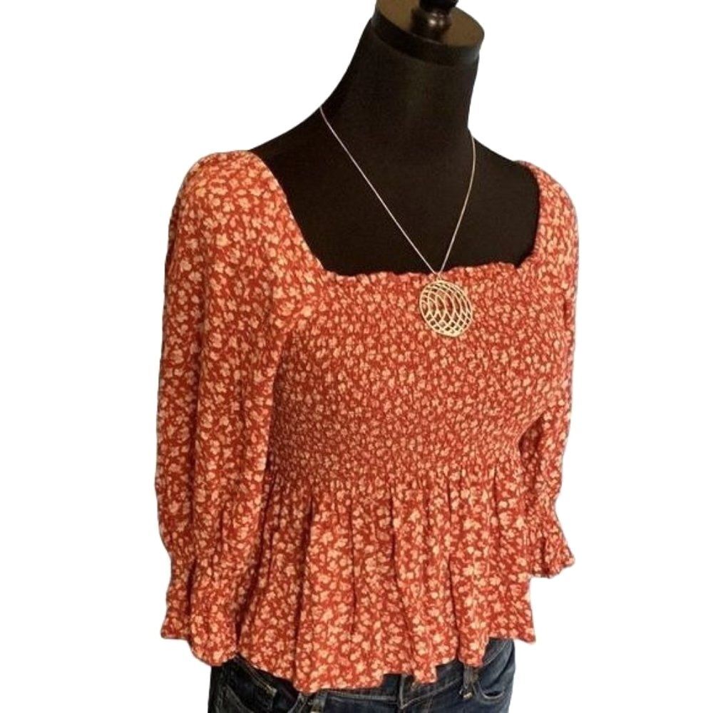American Eagle Smocked Square Neck Peplum Blouse Size XS - Picture 6 of 12